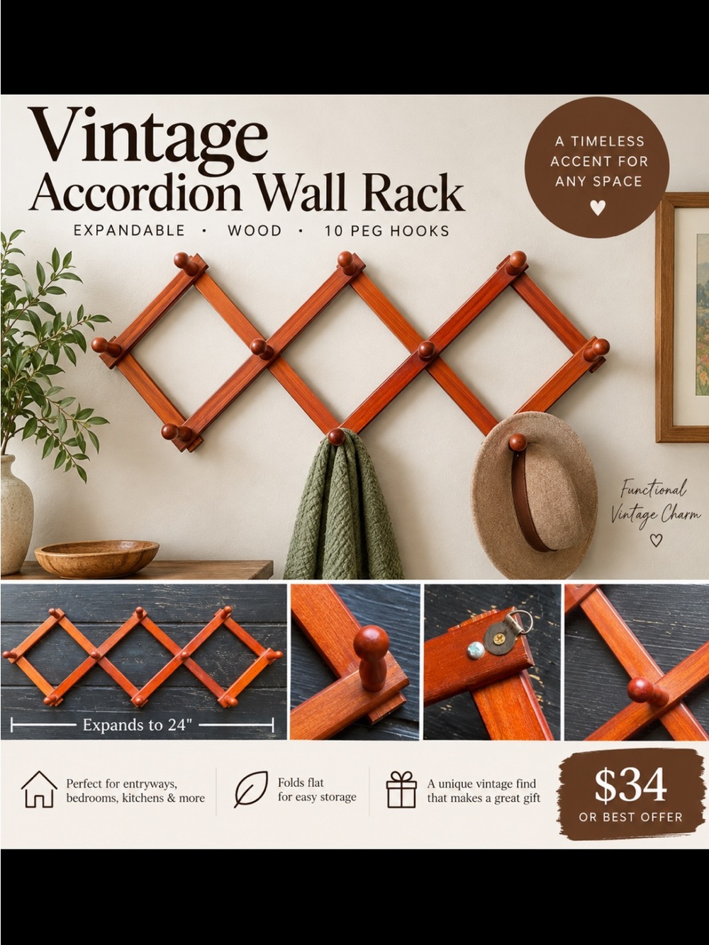 Vintage Accordion Wall Rack - Brown Wood